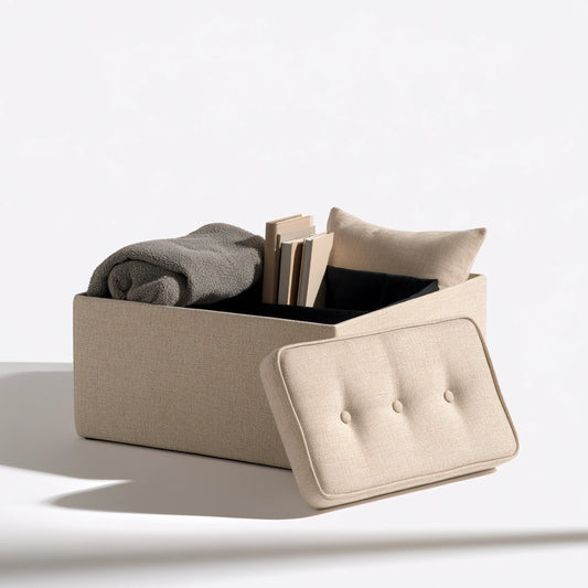 Panca contenitore imbottita rivestito in tessuto, colore beige
