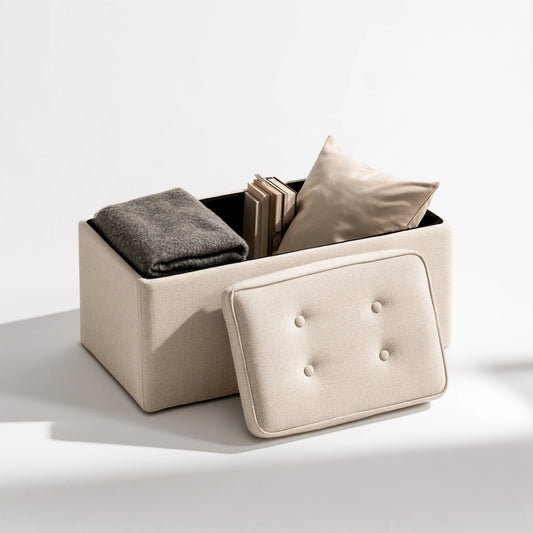 Panca contenitore imbottita rivestito in tessuto, colore beige
