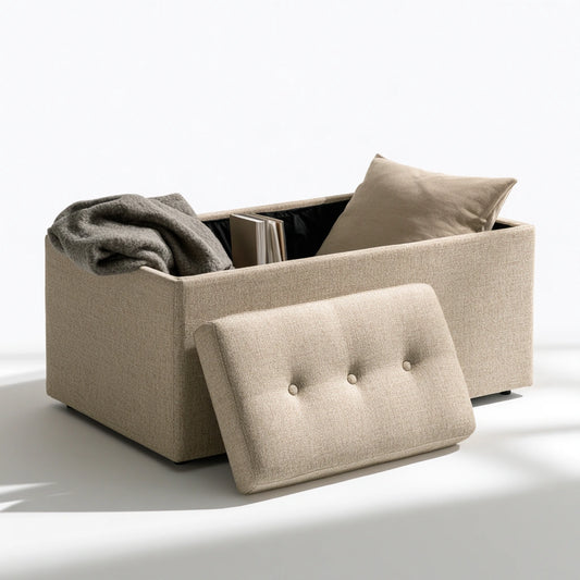 Panca contenitore imbottita rivestito in tessuto, colore beige