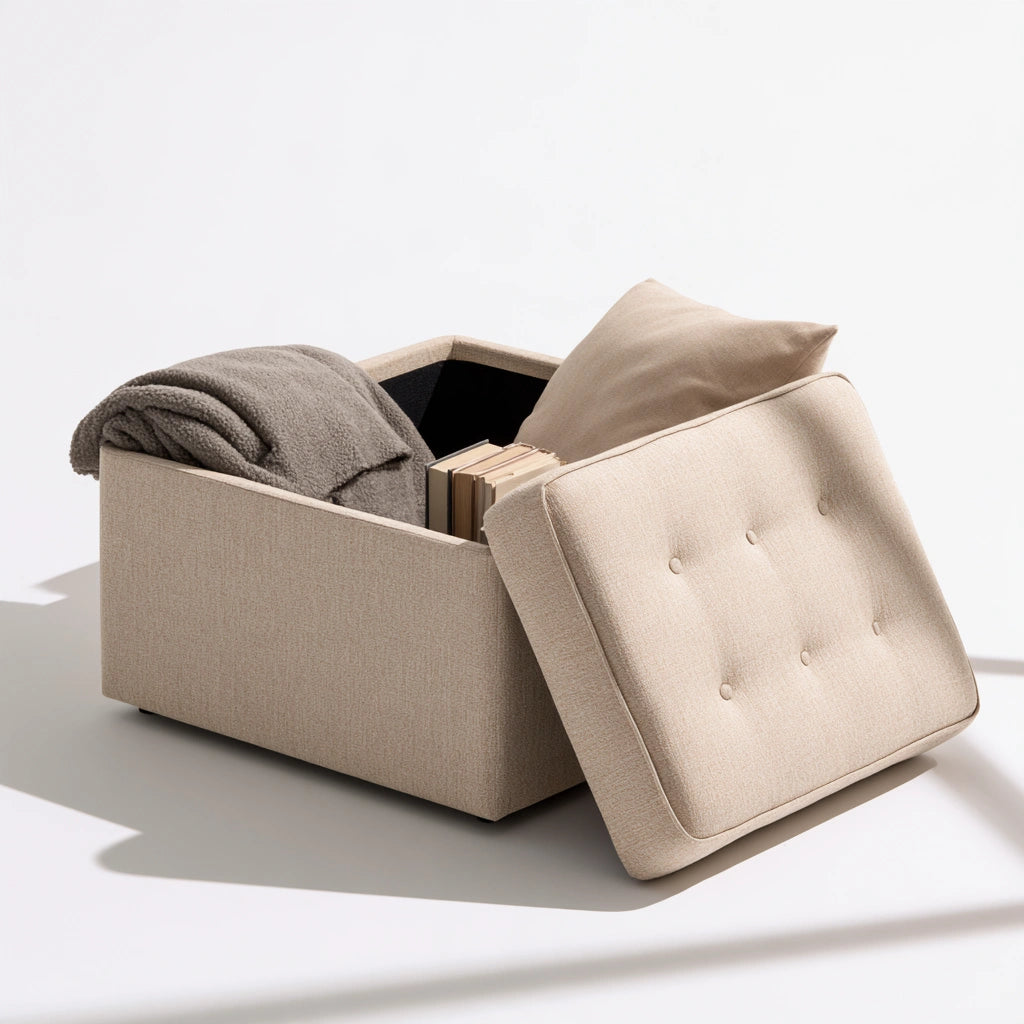 Panca contenitore imbottita rivestito in tessuto, colore beige