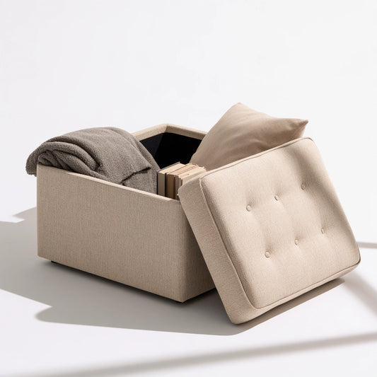 Panca contenitore imbottita rivestito in tessuto, colore beige